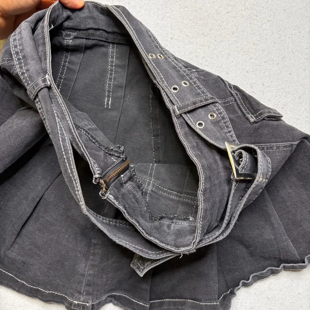 Hot Topic Mini Skirt Womens LG Black Denim Belted Pleated Y2K Contrast Stitch